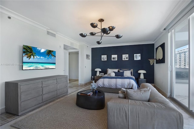 bedroom with a notable chandelier, access to exterior, and ornamental molding