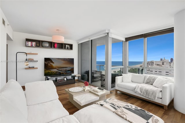 living area featuring a wall of windows and wood finished floors