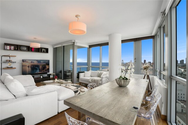 living room with floor to ceiling windows and dark wood-type flooring