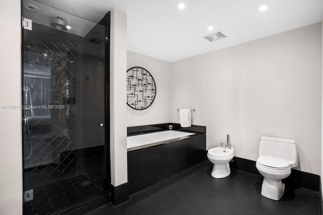 full bathroom featuring visible vents, toilet, a shower stall, and a bidet