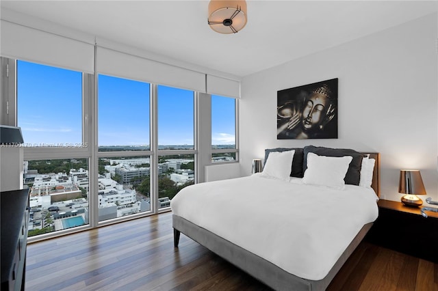 bedroom with expansive windows, a city view, and wood finished floors