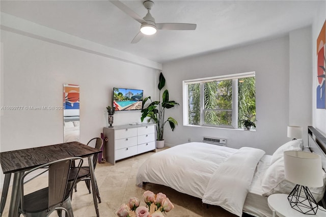 tiled bedroom with ceiling fan