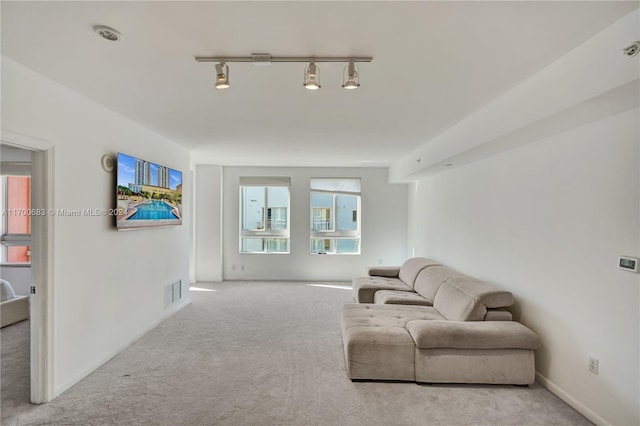 carpeted living room with a healthy amount of sunlight and rail lighting