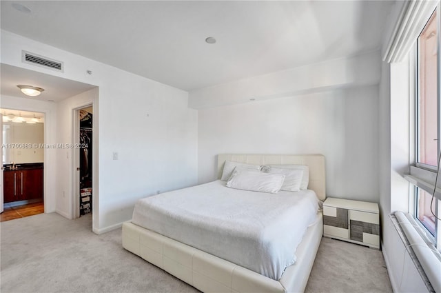 carpeted bedroom featuring ensuite bath and a spacious closet