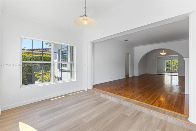 spare room featuring light hardwood / wood-style floors and ornamental molding