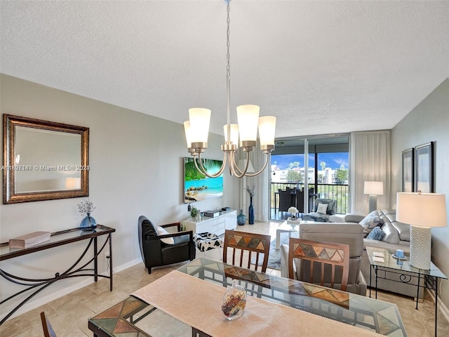 dining space featuring floor to ceiling windows, light tile patterned flooring, a textured ceiling, and a notable chandelier