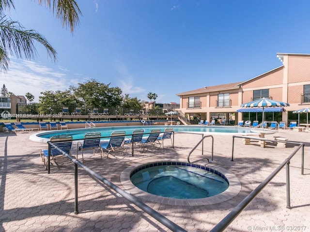 view of pool featuring a hot tub