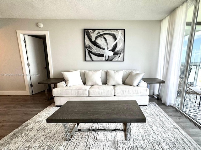 living room featuring a textured ceiling and dark wood-type flooring