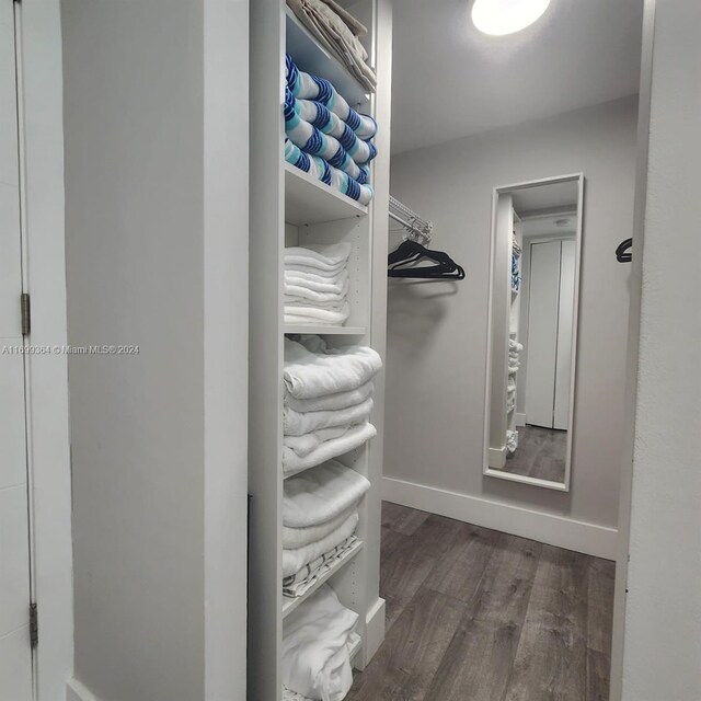 spacious closet featuring dark hardwood / wood-style flooring