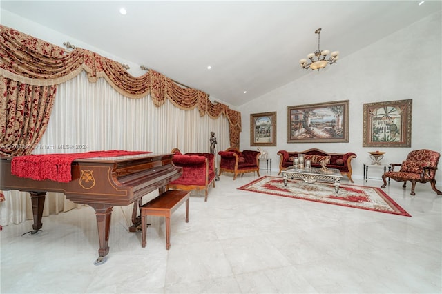 misc room featuring an inviting chandelier and vaulted ceiling