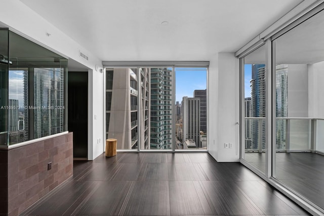 unfurnished room with floor to ceiling windows and dark wood-type flooring