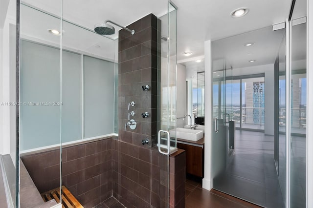 bathroom featuring vanity and a shower with door