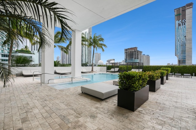 view of swimming pool with a patio