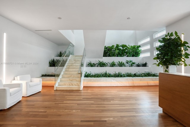 stairs with hardwood / wood-style flooring