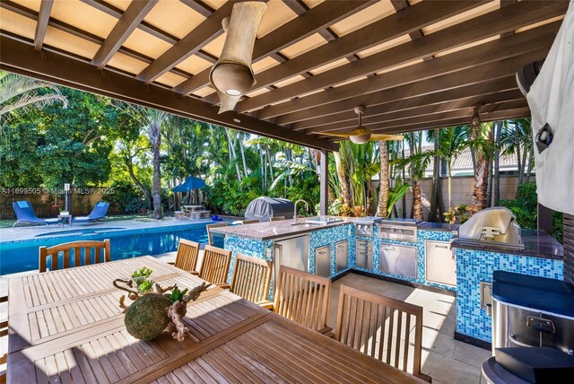 view of swimming pool featuring ceiling fan, sink, a grill, and area for grilling