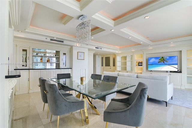 dining space with a notable chandelier, beamed ceiling, coffered ceiling, and ornamental molding