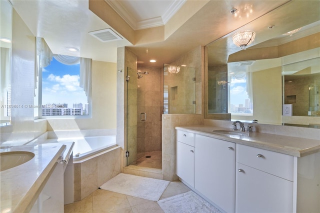 bathroom featuring vanity, independent shower and bath, and crown molding