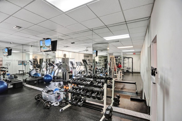 exercise room featuring a paneled ceiling