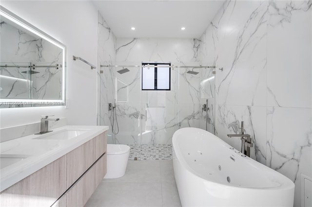 full bathroom with vanity, tile patterned flooring, plus walk in shower, and toilet