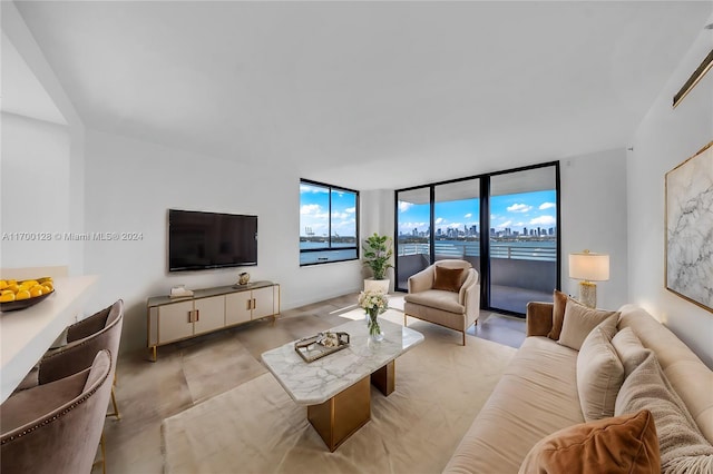 living room with expansive windows