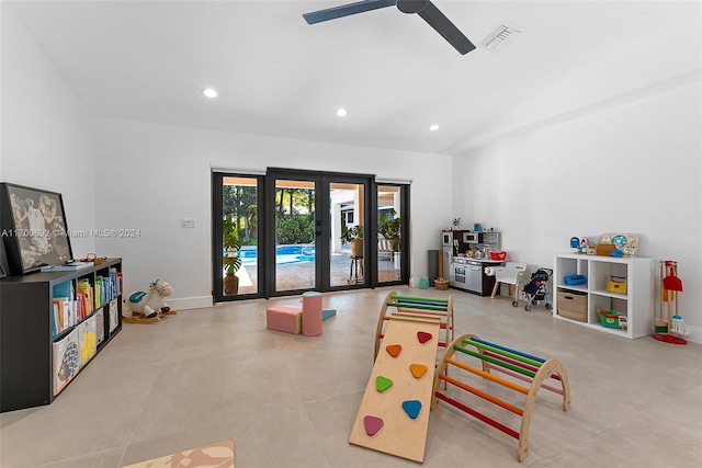 recreation room with french doors and ceiling fan