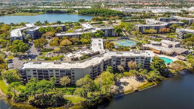 drone / aerial view with a water view