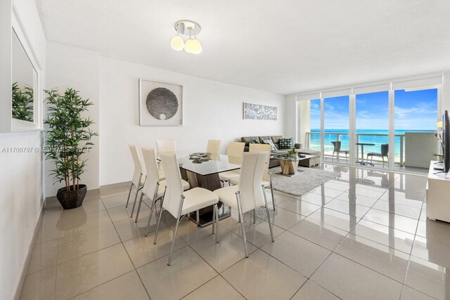 dining space with expansive windows and light tile patterned floors