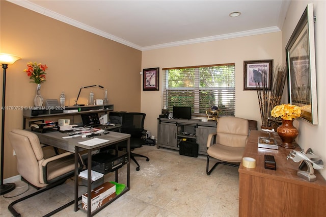 office area with ornamental molding