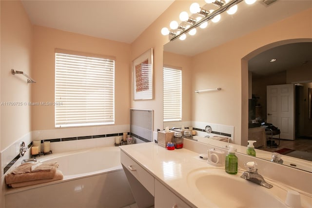 bathroom with a bathtub, vanity, and a healthy amount of sunlight