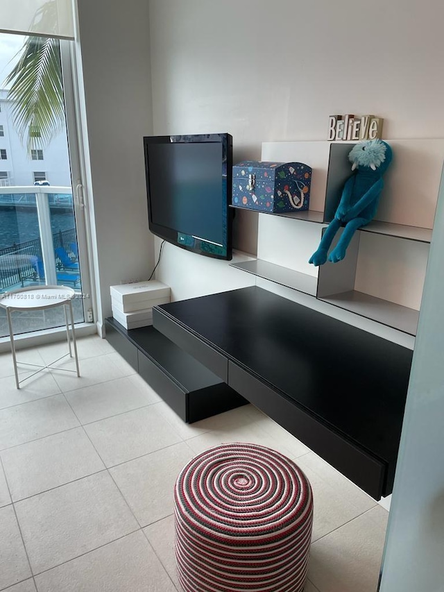 home office with light tile patterned floors