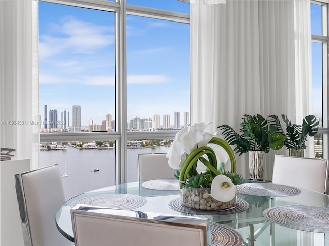 dining space with a water view