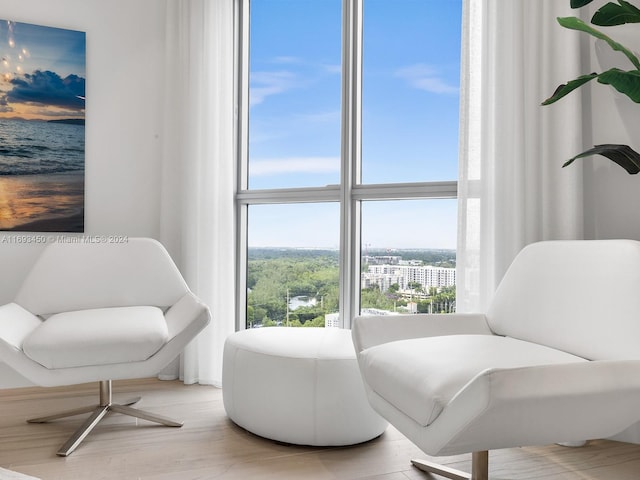 sitting room with expansive windows and light hardwood / wood-style floors