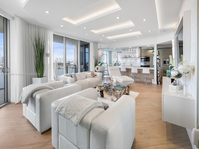 living room with light hardwood / wood-style floors, a raised ceiling, and a healthy amount of sunlight