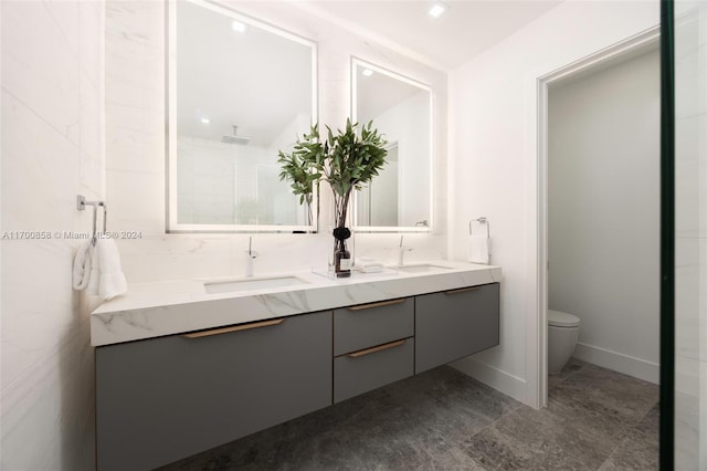 bathroom featuring a shower, vanity, and toilet