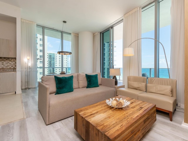 living room with plenty of natural light, a water view, and light hardwood / wood-style flooring