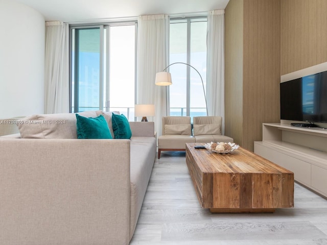 living room with light hardwood / wood-style floors and a wall of windows