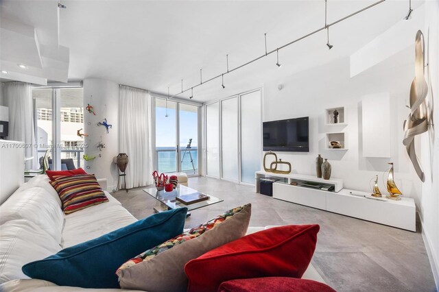 living room featuring a wealth of natural light and a wall of windows