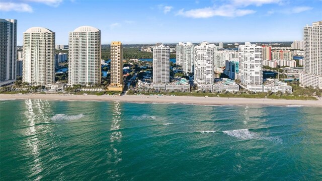 drone / aerial view with a water view and a beach view