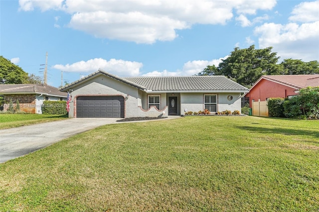 ranch-style house with a garage and a front lawn