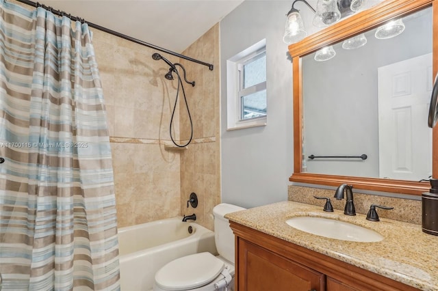 full bathroom with vanity, shower / bathtub combination with curtain, and toilet