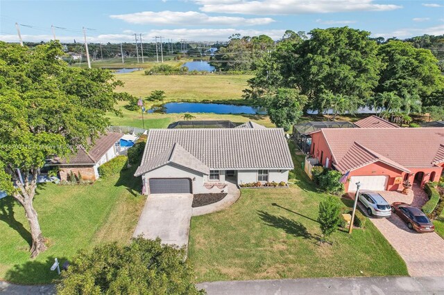 bird's eye view with a water view