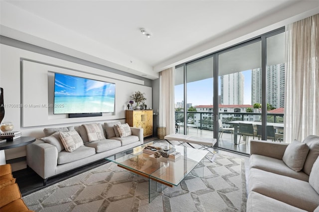 living room with expansive windows and hardwood / wood-style floors