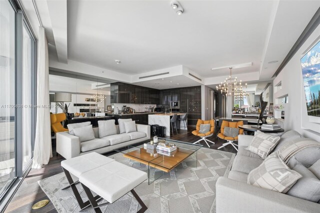 living room featuring dark wood-type flooring