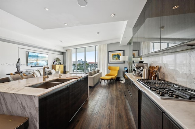 kitchen with stainless steel gas cooktop, sink, dark hardwood / wood-style floors, a kitchen island with sink, and backsplash