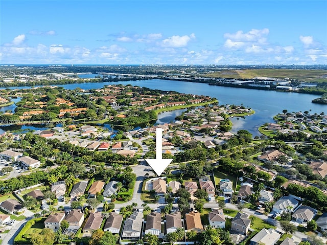 aerial view featuring a water view