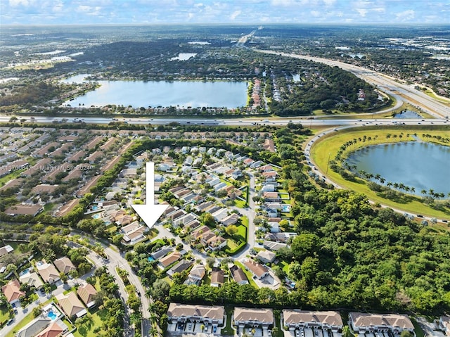 aerial view featuring a water view