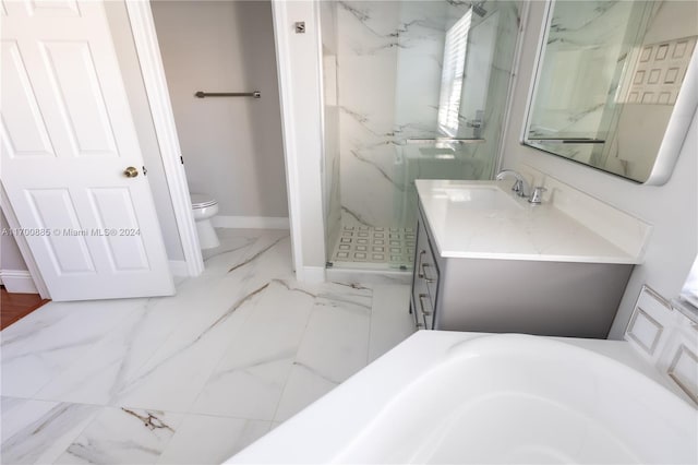 bathroom with vanity, toilet, and a shower with shower door