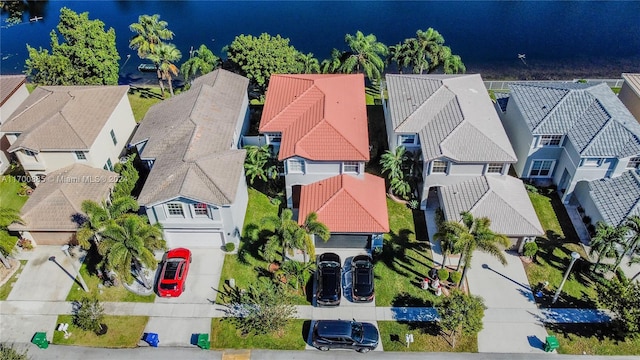 drone / aerial view featuring a water view