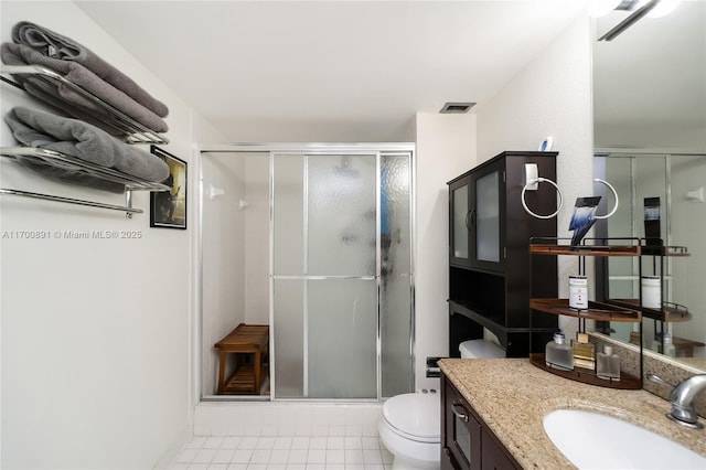 full bath with visible vents, a shower stall, toilet, and vanity