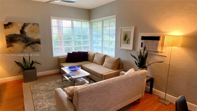 living room featuring ceiling fan and hardwood / wood-style floors